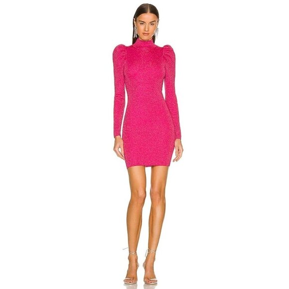 Alice + Olivia Issa Turtleneck Puff Sleeve Dress Wild Pink Metallic Womens Size - Picture 1 of 12